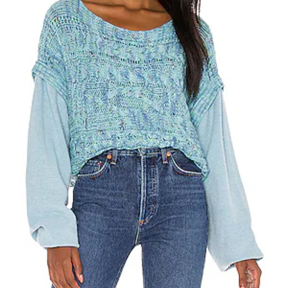 Free People Light Blue Cropped Mixed Media  Sweater. Size XS